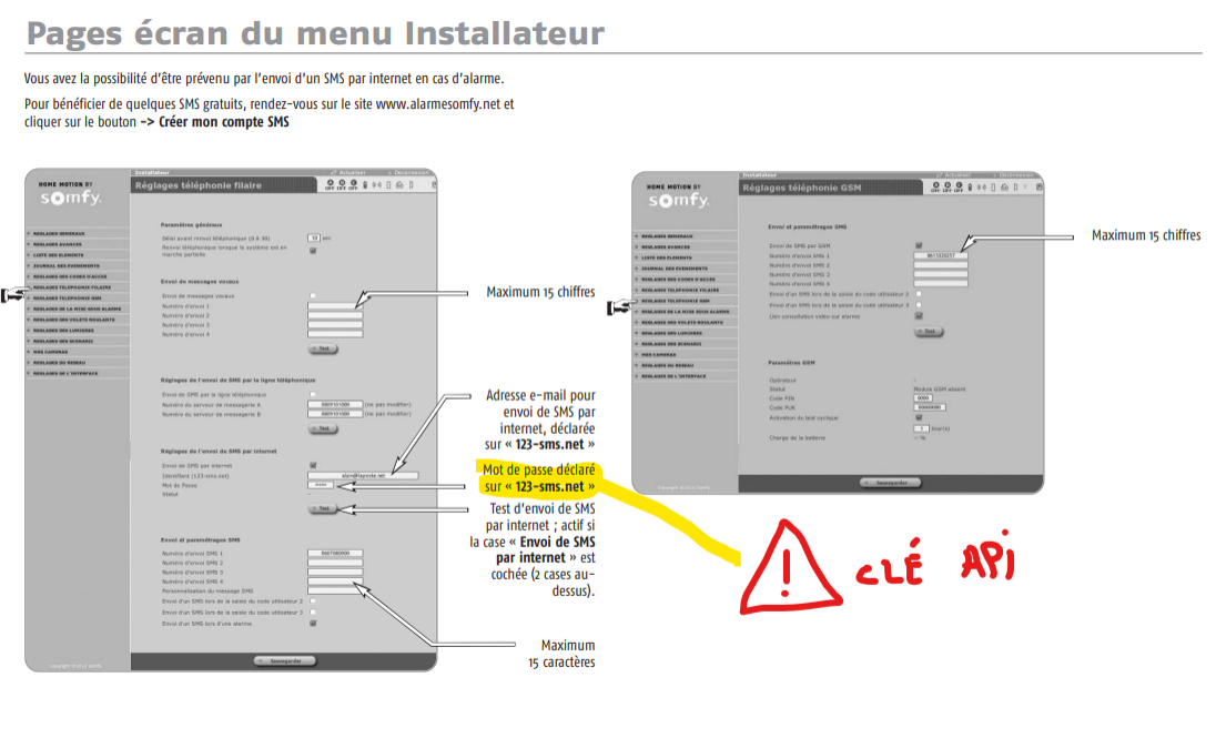 Interface Somfy : menus R&eacute;glages t&eacute;l&eacute;phonie filaire et GSM, envoi de SMS par Internet, champ mot de passe = cl&eacute; API